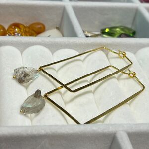 brass rectangle earrings w/ raw stone/crystal